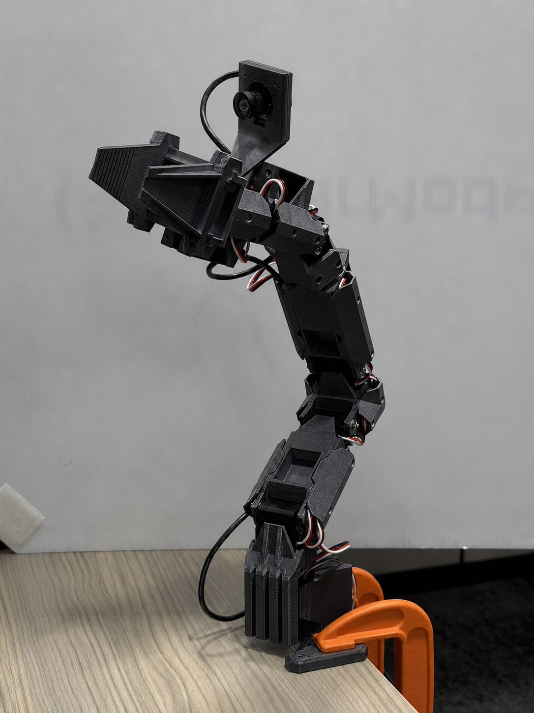 ElRobot arm extended upward with arm-mounted camera