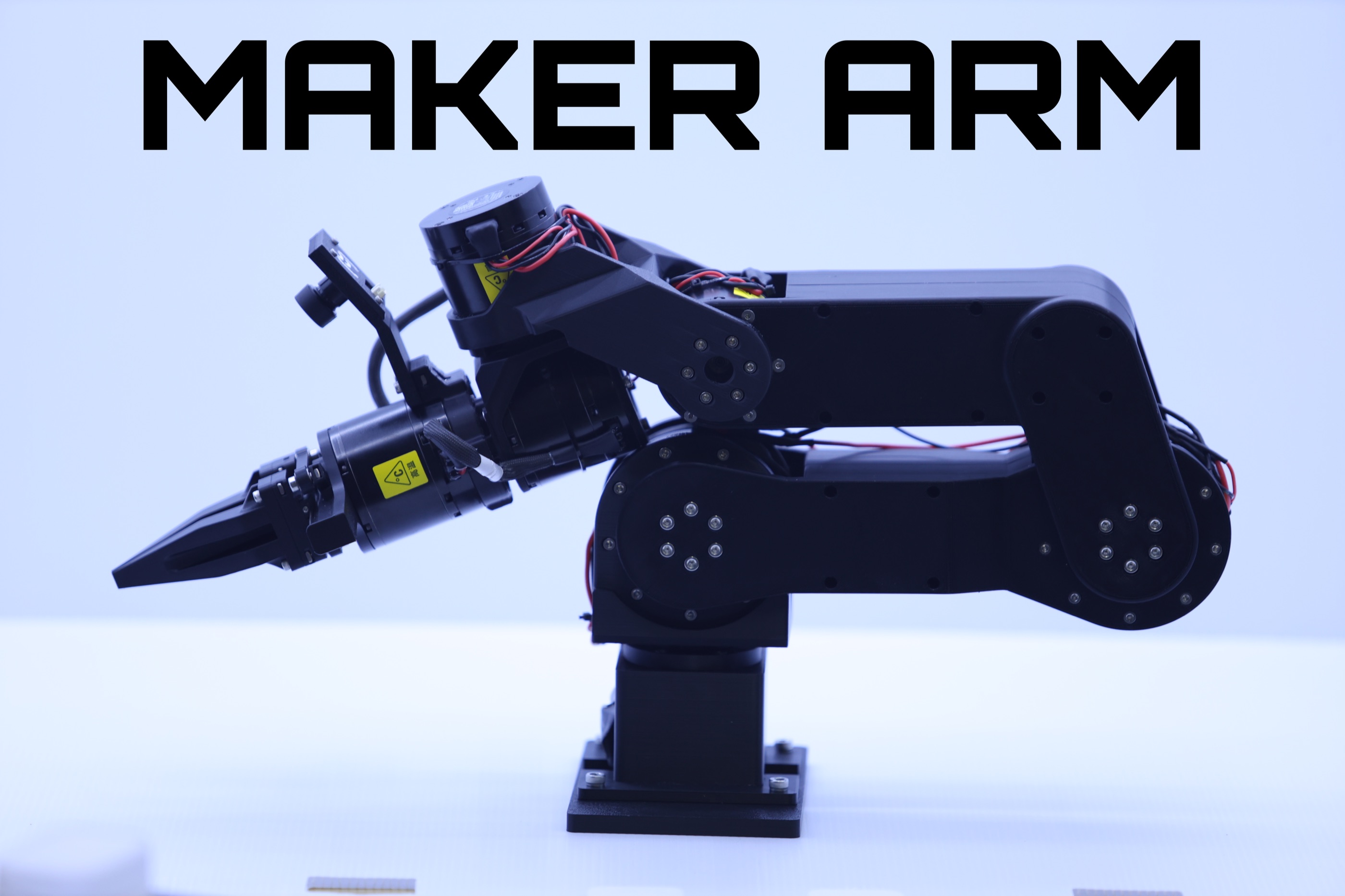 Maker Arm, a black 3D-printed quasi-direct-drive robot arm, shown in profile