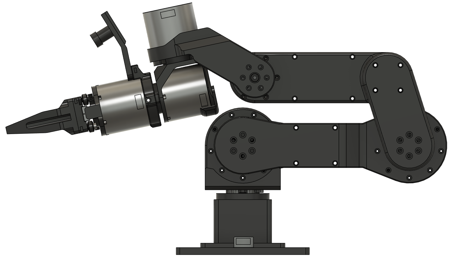 CAD render of the Maker Arm showing every printed structural part, the QDD actuators, gripper, and base