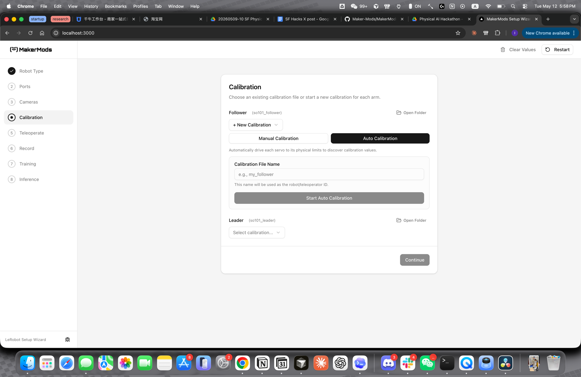 MakerMods app — Calibration step in the LeRobot setup wizard