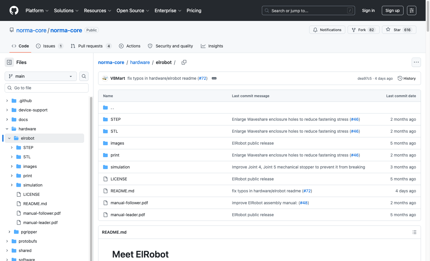 GitHub repository, norma-core/norma-core hardware/elrobot directory