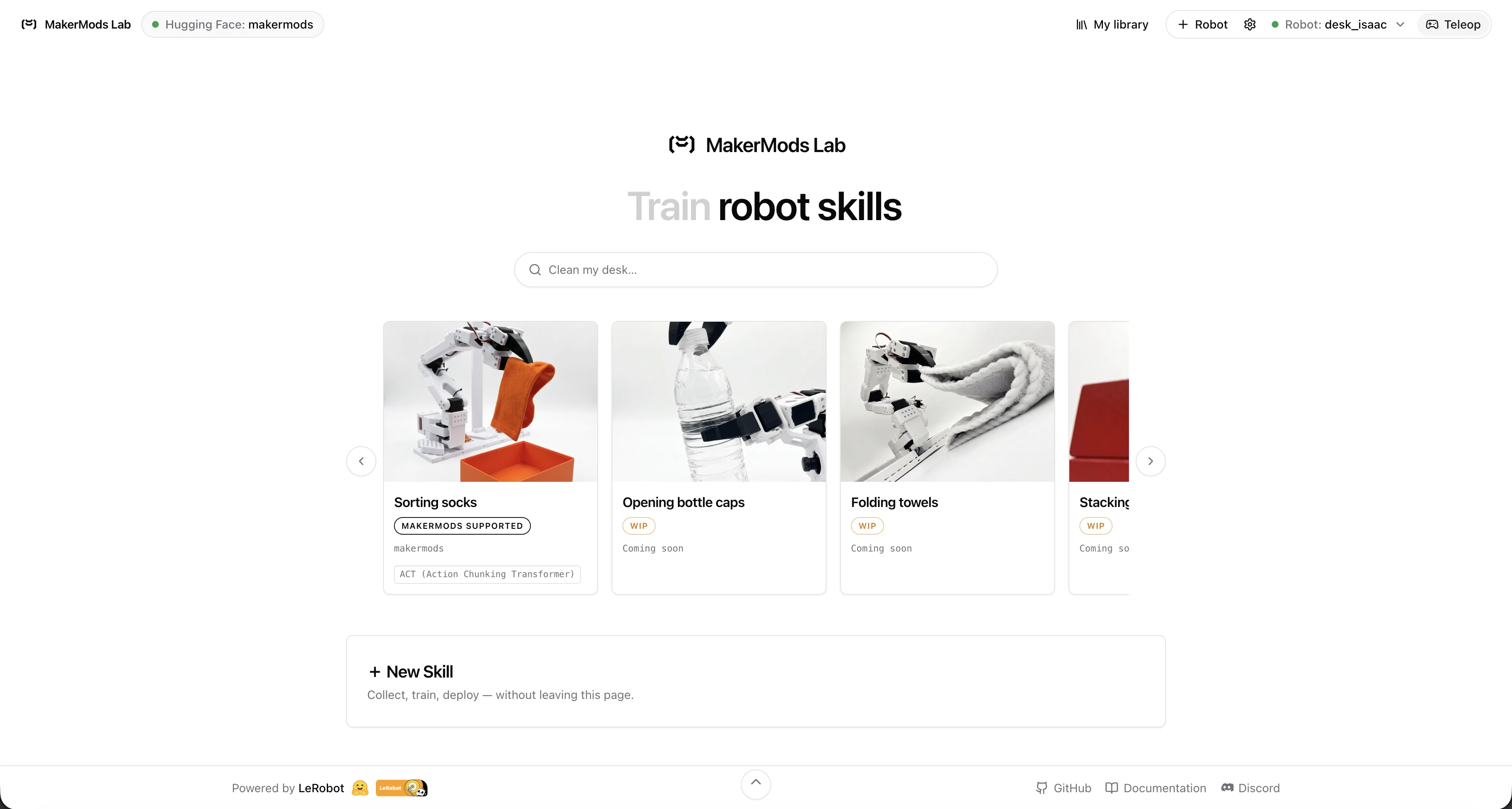 MakerMods Lab interface showing a searchable library of SO-101 robot skills