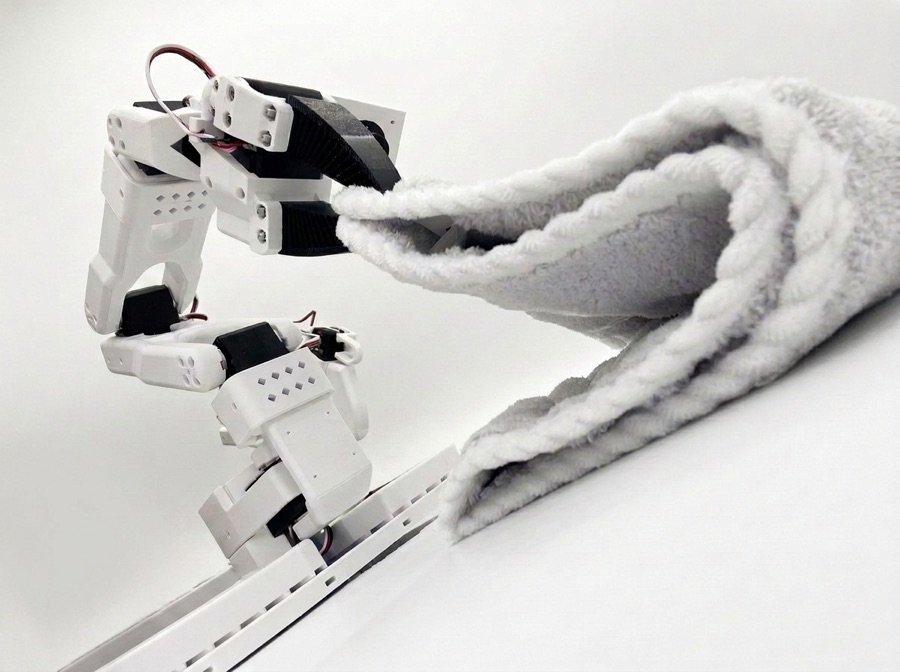 SO-101 robot arm grasping a folded towel